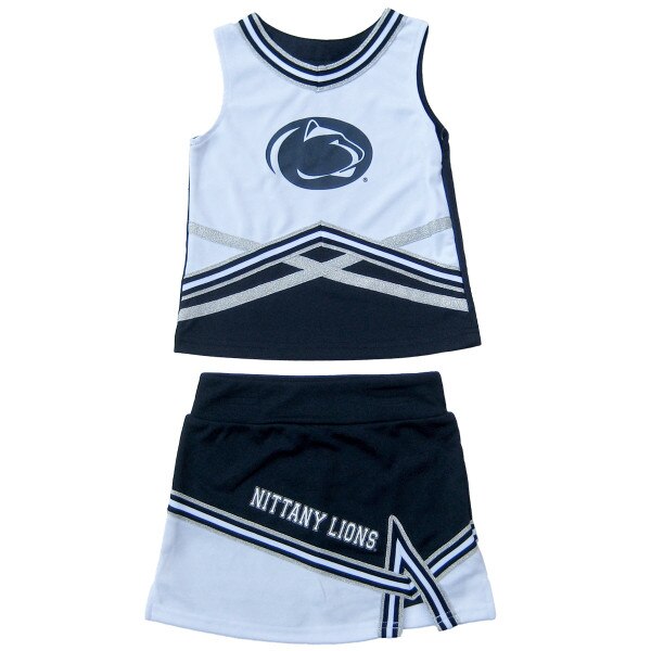 youth white cheerleading outfit, Penn State Athletic Logo on top, Nittany Lions on skirt